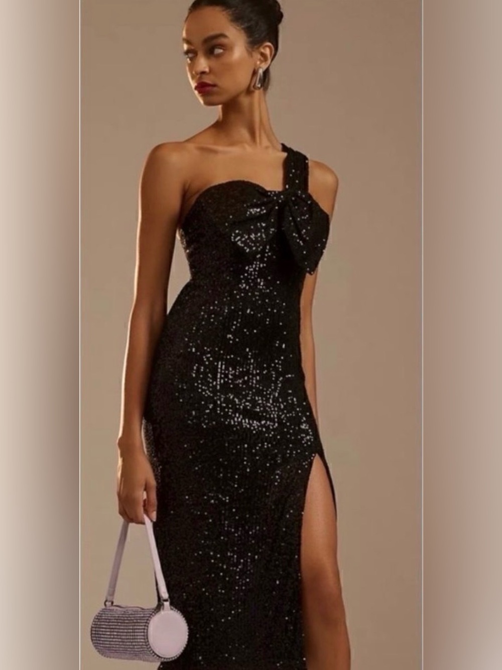 leena by Mac Duggal 11286 Black One-Shoulder Sequin Evening Dress with Side Slit